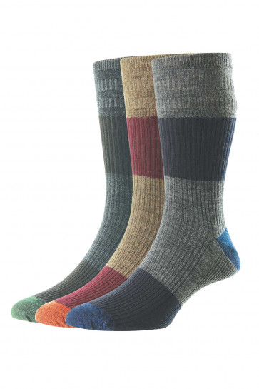3-Pairs - Block Stripe Wool Softop® Men's Socks - HJ981/3PK - (UK 6-11) 