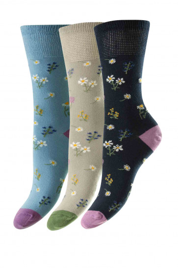 3-Pairs - Floral Cotton Comfort Top Women's Socks - HJ531/3PK 