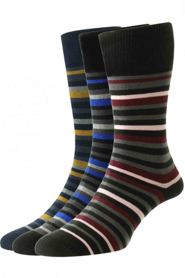 3-Pairs - Multi Stripe Organic Cotton Comfort Top Men's Socks - HJ640/3PK - (UK 6-11) 