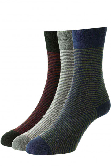 HJ646 - 3-Pairs (6-11) Men's Narrow Stripe Bamboo Comfort Top Socks