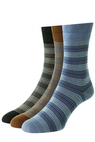 HJ647 - 3-Pairs (6-11) Men's 3 Colour Stripe Bamboo Comfort Top Socks