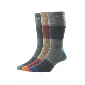 3-Pairs - Block Stripe Wool Softop® Men's Socks - HJ981/3PK - (UK 6-11) 