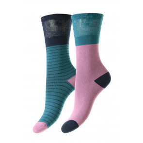 Stripe/Block Bamboo Comfort Top Women's Socks 2 Pair Pack - HJ535