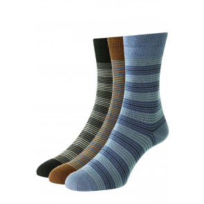 HJ647 - 3-Pairs (6-11) Men's 3 Colour Stripe Bamboo Comfort Top Socks